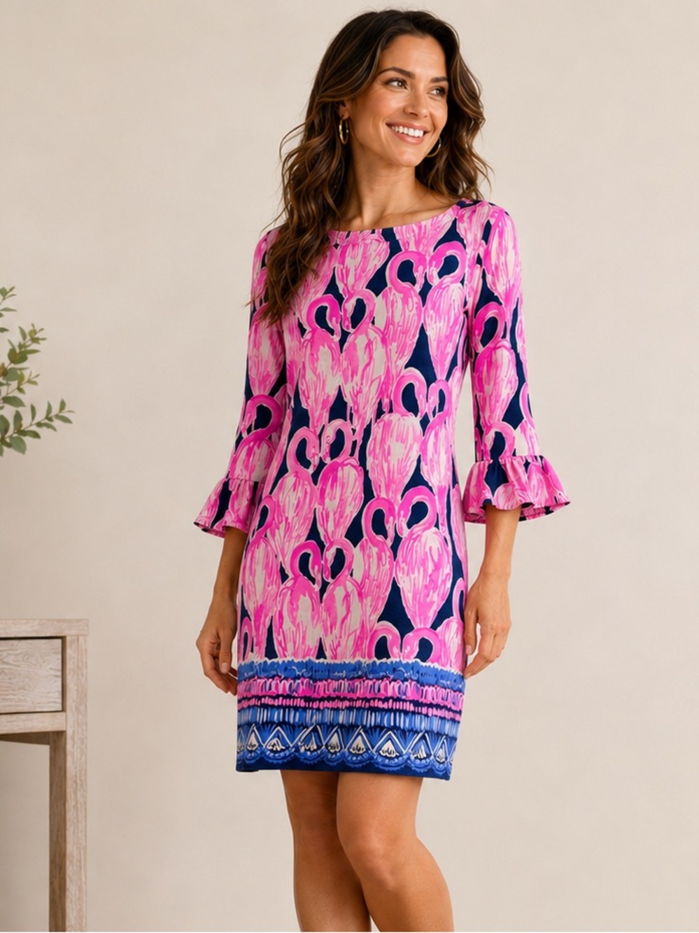 Lilly Pulitzer Sophie Ruffle Dress High Tide Navy Via Amor Flamingo Print S